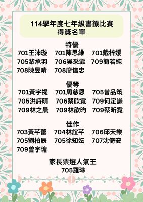 114學年度七年級書籤比賽獲獎名單
